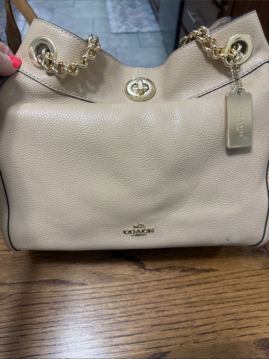 Coach Handbags - Coach Beige Pebbled Leather Shoulder Bag with Gold Chain